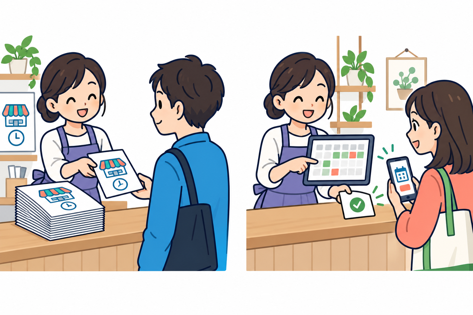 左は先に用意した案内を渡す静的サイトの例え、右はその場で予約を確認する動的サイトの例え